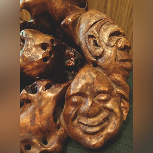 Vintage ( LIKE,Netsuke Chinese Boxwood) 3 Faces Burl Wood Hand Carved Sculpture - Picture 3 of 10